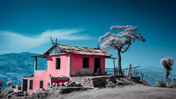 a infravermelho imagem do uma Rosa casa dentro a montanhas generativo ai foto