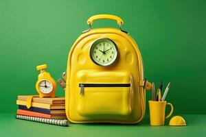 ai gerado amarelo mochila com papelaria em verde fundo. costas para escola conceito, amarelo mochila com alarme relógio e escola equipamento, ai gerado foto