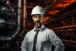 ai gerado retrato do uma sério masculino engenheiro dentro uma branco capacete e uma branco camisa. industrial fundo, branco caucasiano masculino profissional engenheiro, ai gerado foto