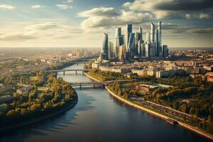 ai gerado panorâmico aéreo Visão do Moscou cidade às pôr do sol, Rússia, aéreo Visão do Moscou cidade com a Moscou rio, Rússia, ai gerado foto
