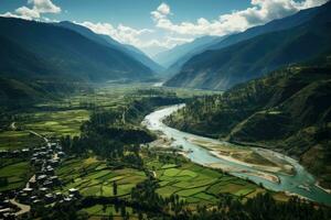 ai gerado aéreo Visão do a vale e rio dentro Himalaia, Nepal, aéreo Visão do paro vale foto