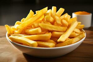 ai gerado francês fritas em uma prato em uma de madeira mesa. gerado de artificial inteligência foto