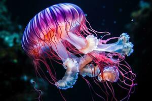 ai gerado medusa dentro néon luz às a inferior do a oceano, mar. lindo fundo com néon medusa. gerado de artificial inteligência foto