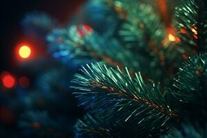 ai gerado ai gerado macro fechar acima do Natal árvore ramo com decorações. foto