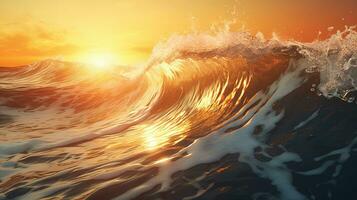 ai gerado espumoso ondas rolando acima dentro oceano com dourado hora Tempo foto