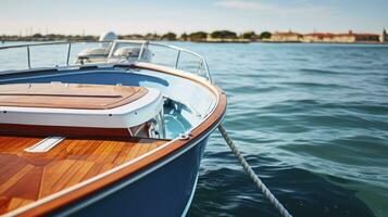 ai gerado uma panorâmico perspectiva a partir de a topo do uma barco Navegando a mar foto