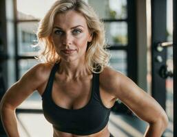 ai gerado foto do lindo meio envelhecido mulher com Loiras cabelo e esporte equipamento fazendo exercício dentro academia, generativo ai