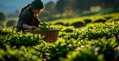 ai gerado chá colheita em uma plantação dentro Índia - ai gerado imagem foto