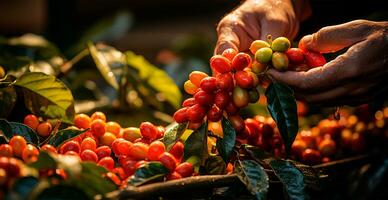 ai gerado café colheita em uma brasileiro plantação - ai gerado imagem foto