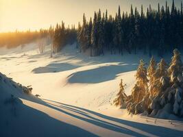 ai gerado lindo inverno panorama com pôr do sol dentro a Nevado montanhas, árvores coberto com neve foto