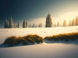 ai gerado lindo inverno panorama com pôr do sol dentro a Nevado montanhas, árvores coberto com neve foto