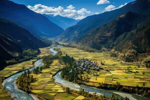 ai gerado aéreo Visão do Vila e rio dentro Himalaia, Nepal, aéreo Visão do paro vale Butão foto