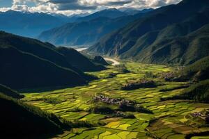 ai gerado terraço arroz campo dentro sapa, lao cai, Vietnã, aéreo Visão do paro vale Butão foto