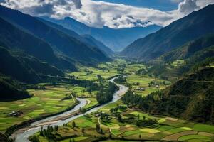 ai gerado aéreo Visão do a vale dentro Himalaia, Nepal, aéreo Visão do paro vale Butão, ai gerado foto