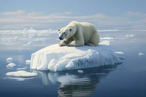 ai gerado polar Urso em a pacote gelo, norte do Svalbard ártico Noruega, uma polar Urso encalhado em uma encolhendo gelo boné, ai gerado foto
