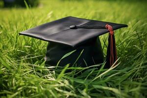 ai gerado graduação chapéu em verde Relva com luz solar fundo. Educação conceito, uma graduação chapéu mentiras em verde grama, ai gerado foto