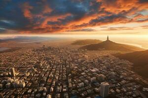 ai gerado aéreo Visão do centro da cidade los anjos, Califórnia, EUA às pôr do sol, aéreo panorâmico Visão do capa Cidade paisagem urbana às pôr do sol, ai gerado foto