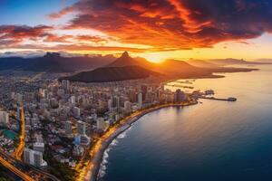 ai gerado aéreo Visão do rio de janeiro às pôr do sol, brasil. zangão fotografia, aéreo panorâmico Visão do capa Cidade paisagem urbana às pôr do sol, ai gerado foto