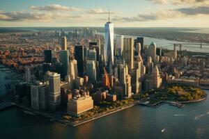 ai gerado aéreo Visão do mais baixo Manhattan, Novo Iorque cidade, EUA, aéreo Visualizações do a centro da cidade Manhattan Horizonte, ai gerado foto