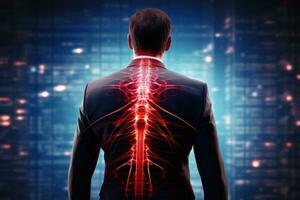 ai gerado costas Visão do homem de negocios olhando às raio X humano corpo em digital fundo, costas dor em destaque dentro a escritório configuração com uma vermelho holográfico coluna, ai gerado foto