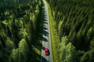 ai gerado aéreo Visão do uma vermelho carro dirigindo em a estrada dentro a floresta, aéreo Visão do uma vermelho carro com uma cobertura prateleira em uma verde verão floresta país estrada dentro Finlândia, ai gerado foto
