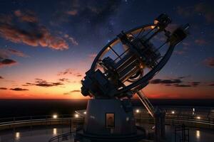 ai gerado astronômico observatório em a área coberta do uma cruzeiro enviar. 3d renderizar, uma grande astronômico telescópio debaixo uma crepúsculo céu, pronto para observar as estrelas, ai gerado foto