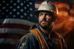 ai gerado retrato do uma masculino mineiro dentro uma Difícil chapéu em a fundo do a americano bandeira, uma sério trabalhador homem e americano bandeira, ai gerado foto