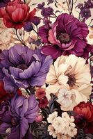 ai gerado uma deslumbrante ilustração do uma ramalhete do flores dentro vários tons do vermelho, roxo, e branco. a flores estão intrincadamente detalhado e ter uma realista aparência foto