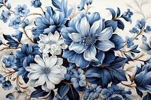 ai gerado azul e branco flores em preto, uma fechar-se do uma ramalhete do azul e branco flores em uma Preto fundo. a flores estão provável delfínios e larkspurs foto