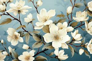 ai gerado uma lindo ilustração do branco flores com azul folhas em uma azul fundo. a flores estão dentro cheio flor e a folhas estão intrincadamente detalhado. foto