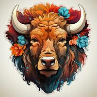 ai gerado isto encantador digital arte retrata uma búfalo cabeça com uma coroa do colorida flores em Está cabeça, isolado em uma branco fundo. a bisonte pele é uma rico Castanho cor foto