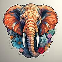 ai gerado uma lindo digital ilustração do a elefante cabeça decorado com flores e folhas em uma branco fundo. a elefante tem cinzento pele, ampla ouvidos, e uma tronco adornado foto