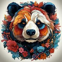 ai gerado uma caprichoso e convidativo digital pintura do uma colorida panda cabeça dentro uma círculo do vibrante folhas e flores a panda tem uma amigáveis expressão em Está face e Está olhos estão brilhante foto