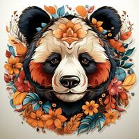 ai gerado uma caprichoso digital pintura do uma panda Urso filhote com uma colorida flor coroa em Está cabeça. a filhote tem uma curioso expressão em Está face e Está olhos estão brilhante foto