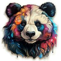 ai gerado uma caprichoso digital pintura do uma panda de urso cabeça com uma colorida coroa do flores e folhas. a panda tem uma pacífico expressão em Está face foto