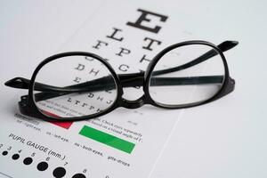 óculos em olho exame gráfico para teste visão precisão do leitura. foto