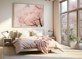 ai gerado quarto com uma cama, cômoda, e ampla pintura do uma cereja Flor árvore. a pintura é a focal ponto do a quarto e Está suave Rosa e branco matizes crio uma calmante foto