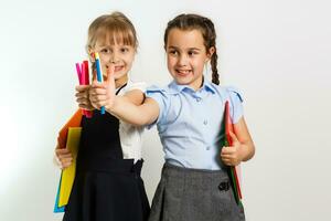 retrato do dois pessoas agradável fofa adorável encantador sonhadores atraente alegre pré-adolescente meninas irmãos mostrando a parte, de lado de Anúncios promoção cópia de espaço isolado fundo foto