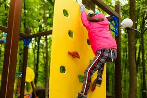 adorável pequeno menina desfrutando dela Tempo dentro escalada aventura parque foto