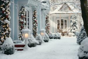 ai gerado inverno Nevado rua com lanternas, Natal árvores decorado com guirlandas e Natal árvore decorações dentro desfocado. Natal exterior dentro a americano estilo. foto