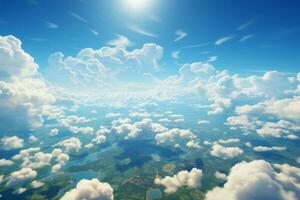 ai gerado aéreo pesquisa representando a urbano área e expansivo agrícola terreno. a sobrecarga cena vislumbrando através a nuvem banco. foto