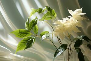 ai gerado delicado branco flores contra uma branco cortina foto
