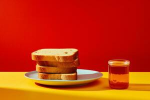 ai gerado pão em uma prato em uma vermelho fundo foto