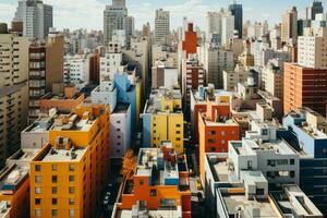 ai gerado elevado vista exibindo a da cidade silhueta. retrato do a real Estado e corporativo construção reino - uma varrendo olho do pássaro Visão do a contemporâneo urbano panorama. foto