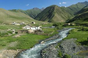 assentamento ao longo uma montanha rio, naryn desfiladeiro, naryn região, Quirguistão foto