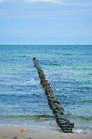 groynes saliência Fora para dentro a báltico mar. de madeira roupa de baixo para proteger a costa. panorama foto