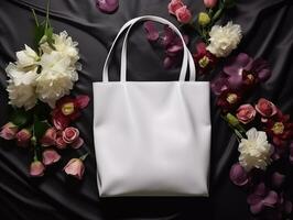 ai gerado branco comprador saco deitado em Preto mesa em torno da flores tela de pintura carregar bolsa. brincar. reutilizável mercearia compras saco com cópia de espaço. topo visualizar. ai generativo foto