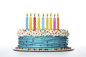 ai gerado colorida aniversário bolo com velas isolado em branco fundo. ai gerado foto
