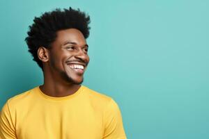 ai gerado feliz homem espaço pessoa adulto retrato africano jovem fotogênico estúdio afro alegre foto