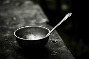 ai gerado mesa preparação objeto Sombrio fundo casa esvaziar cozinha velho Comida colher Preto foto